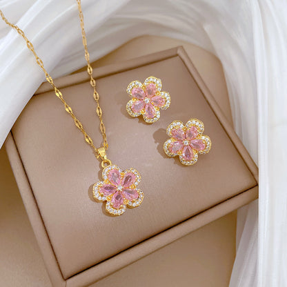COMBO SET COLLAR FLOR EN CRISTALES FEMENINA  ELEGANTE