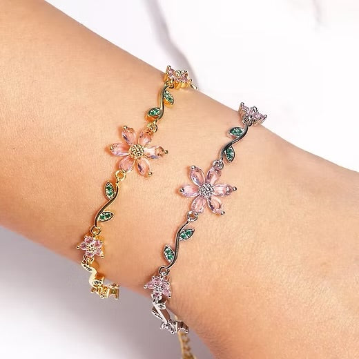 BRAZALETE  FLOR DE CEREZO  DELICADO CRISTALES DE ZIRCONIA ELEGANTE