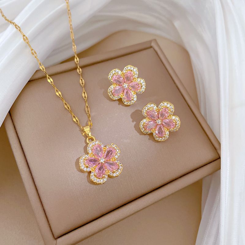 COMBO SET COLLAR FLOR EN CRISTALES FEMENINA  ELEGANTE