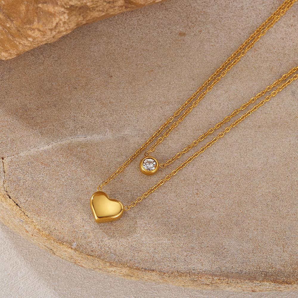 COLLAR DOBLE CAPA CORAZON SOLIDO & CRISTAL MINIMALISTA