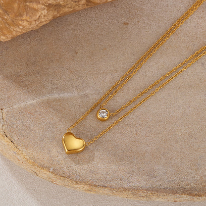 COLLAR DOBLE CAPA CORAZON SOLIDO & CRISTAL MINIMALISTA