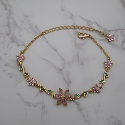 BRAZALETE  FLOR DE CEREZO  DELICADO CRISTALES DE ZIRCONIA ELEGANTE