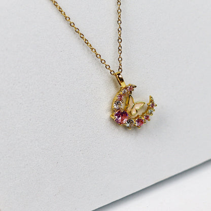 COLLAR ELEGANTE  LUNA ZIRCONIA Y MARIPOSA  CRISTALES INCRUSTADOS MINIMALISTA