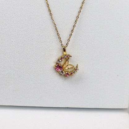 COLLAR ELEGANTE  LUNA ZIRCONIA Y MARIPOSA  CRISTALES INCRUSTADOS MINIMALISTA