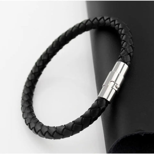 BRAZALETE CUERO TRENZADO NEGRO MATTE