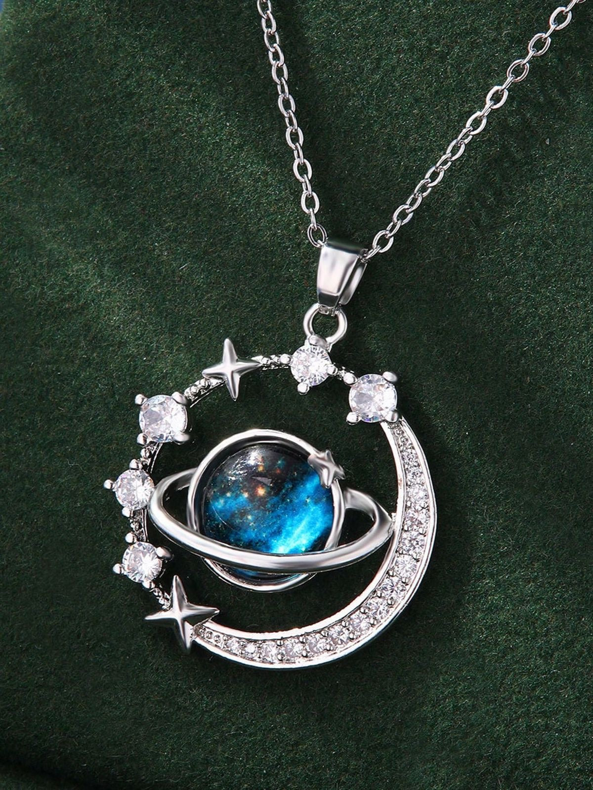 COLLAR SATURNO  ENCERRADO CIELO ESTRELLADO ELEGANTE CRISTALES DE CIRCONIA