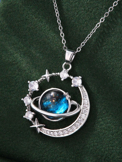 COLLAR SATURNO  ENCERRADO CIELO ESTRELLADO ELEGANTE CRISTALES DE CIRCONIA