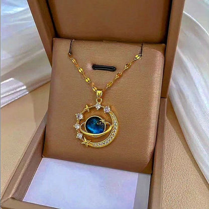 COLLAR SATURNO  ENCERRADO CIELO ESTRELLADO ELEGANTE CRISTALES DE CIRCONIA
