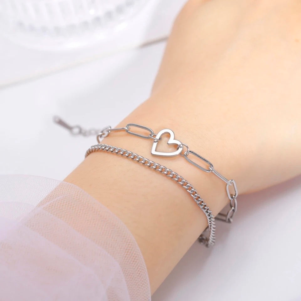 BRAZALETE CORAZÓN HUECO DOBLE CADENA