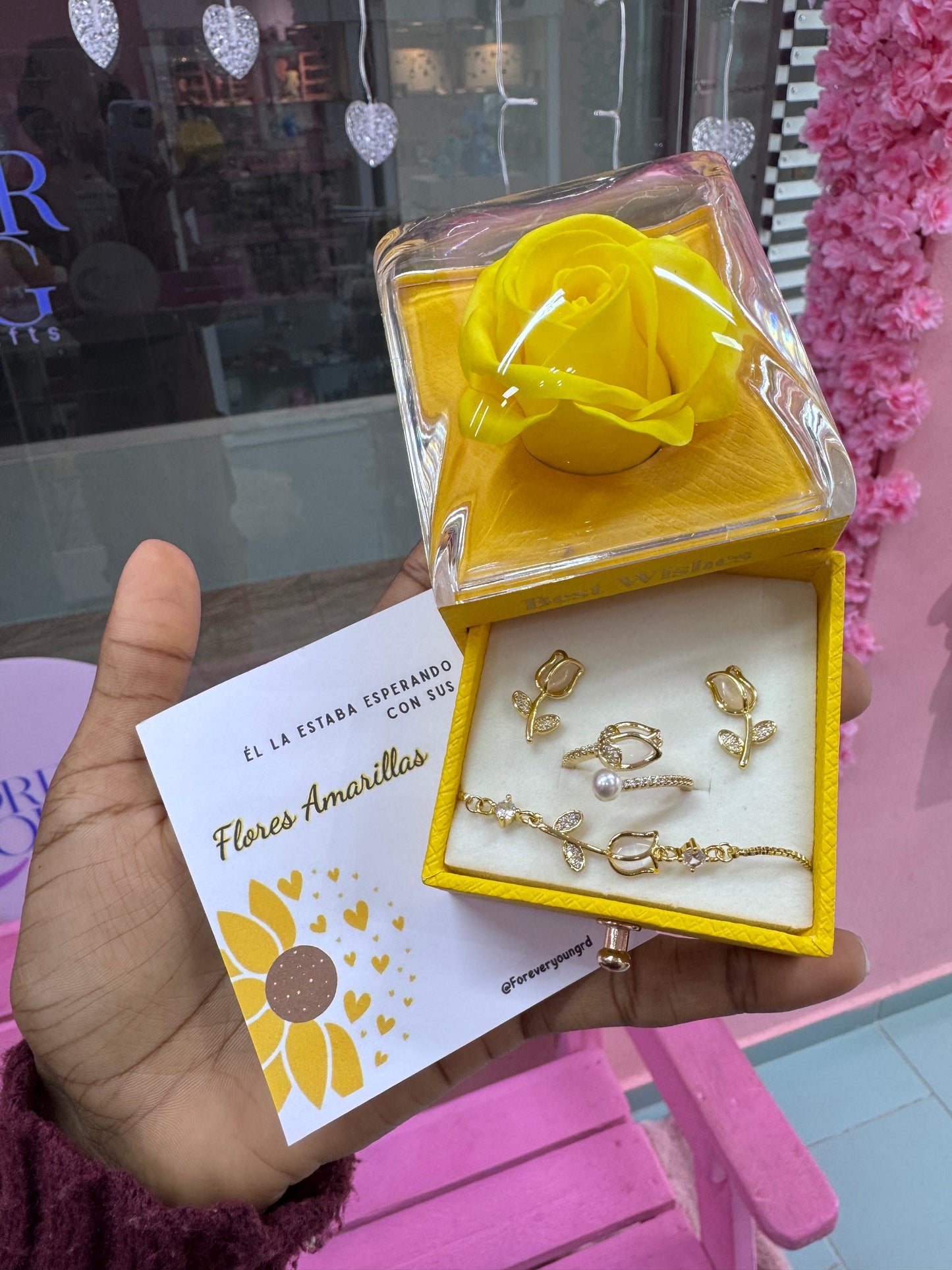 COMBO COLLAR ANILLO Y BRAZALETE TULIPÁN  ELEGANTE CRISTAL DE CIRCONIA