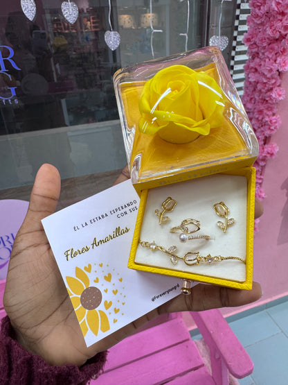 COMBO COLLAR ANILLO Y BRAZALETE TULIPÁN  ELEGANTE CRISTAL DE CIRCONIA