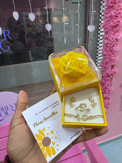 COMBO COLLAR ANILLO Y BRAZALETE TULIPÁN  ELEGANTE CRISTAL DE CIRCONIA