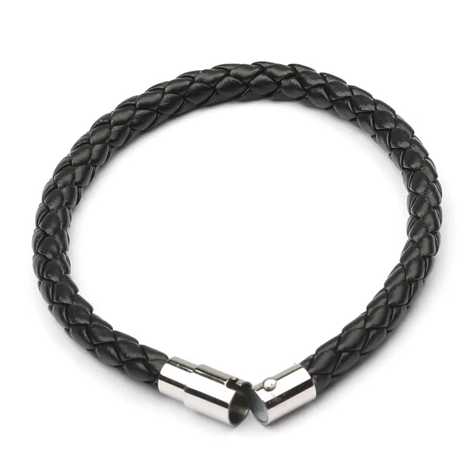BRAZALETE CUERO TRENZADO NEGRO MATTE