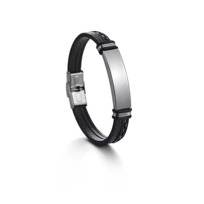 BRAZALETE LEATHER TRENZADO CON PLACA ACERO MINIMALISTA