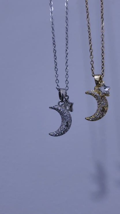 COLLAR CADENA MEDIA  LUNA Y ESTRELLA MINIMALISTA   ELEGANTE CRISTALES DE CIRCONIA