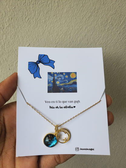 COLLAR DOBLE DIJE LUNA Y ESTRELLAS CIELO ESTRELLADO ELEGANTE CRISTAL DE CIRCONIA