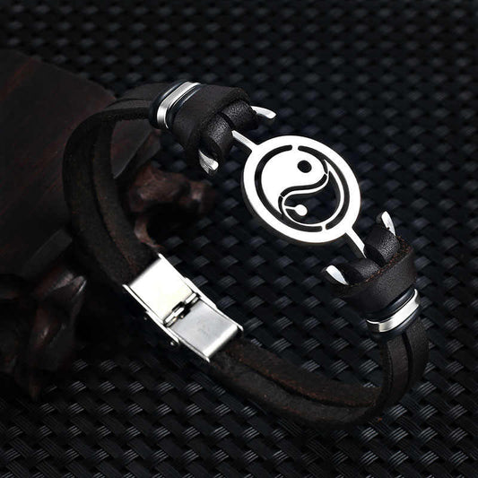 BRAZALETE YIN YANG ACERO INOXIDABLE Y CUERO