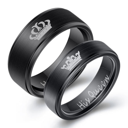 ANILLOS DE PAREJA HIS QUEEN HER KING GRABADOS CORONA NEGRO MATTE