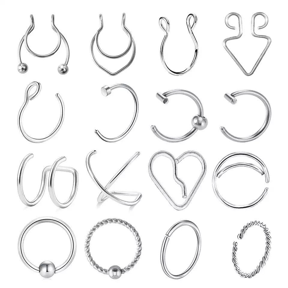 SET PIERCINGS FAKE A PRESIÓN ACERO INOXIDABLE 16 PIEZAS