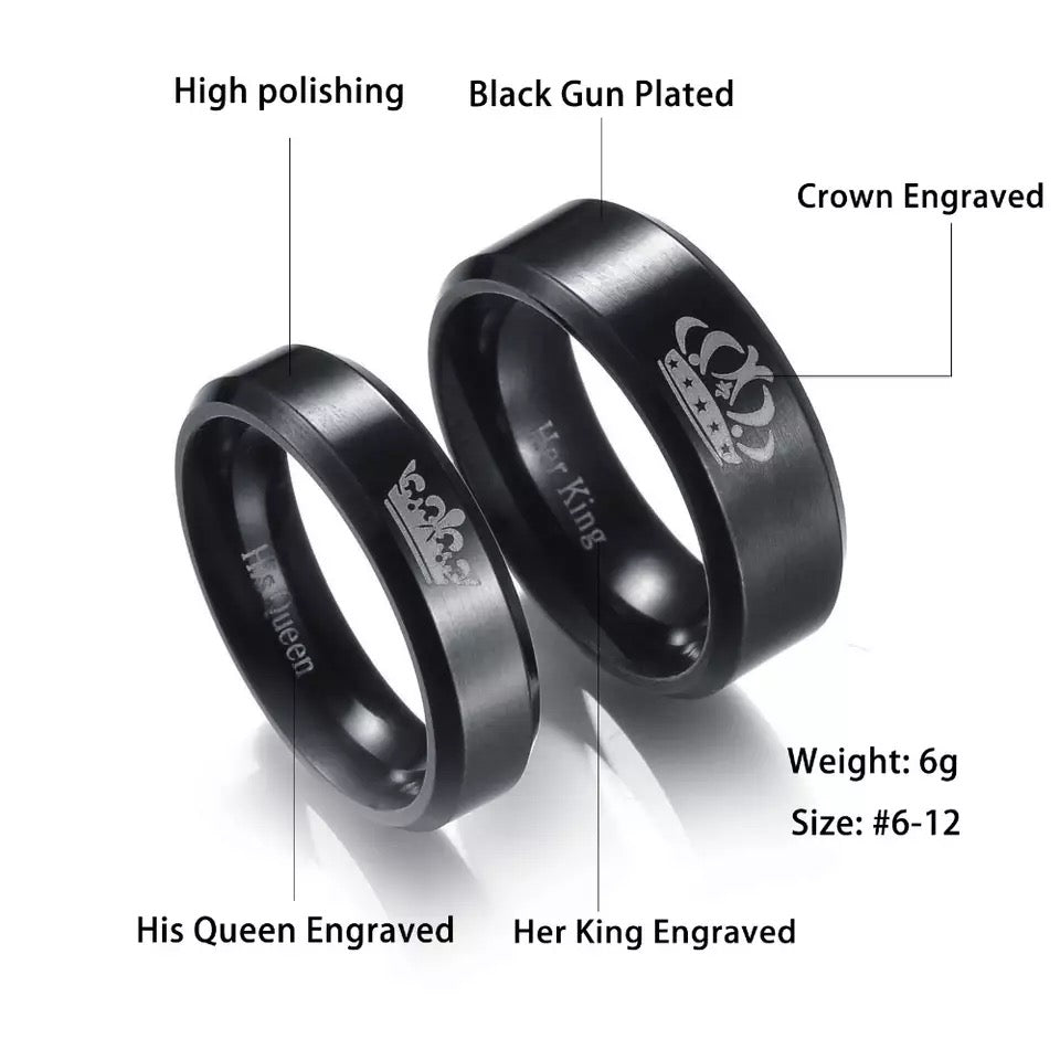 ANILLOS DE PAREJA HIS QUEEN HER KING GRABADOS CORONA NEGRO MATTE