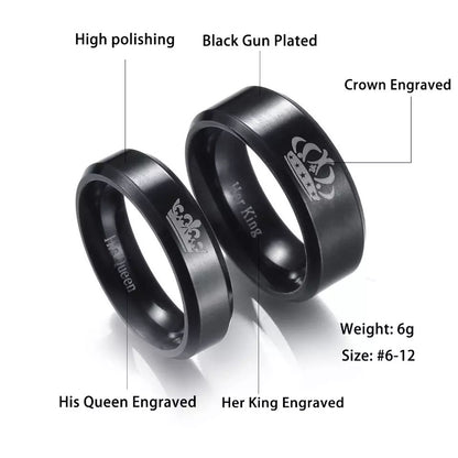 ANILLOS DE PAREJA HIS QUEEN HER KING GRABADOS CORONA NEGRO MATTE