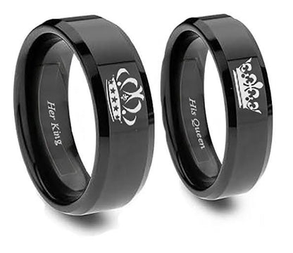 ANILLOS DE PAREJA HIS QUEEN HER KING GRABADOS CORONA NEGRO MATTE