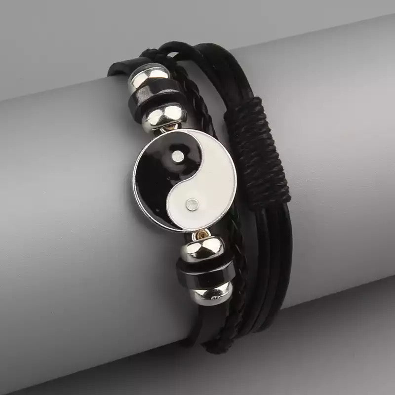 BRAZALETE YIN YANG ACERO INOXIDABLE Y CUERO