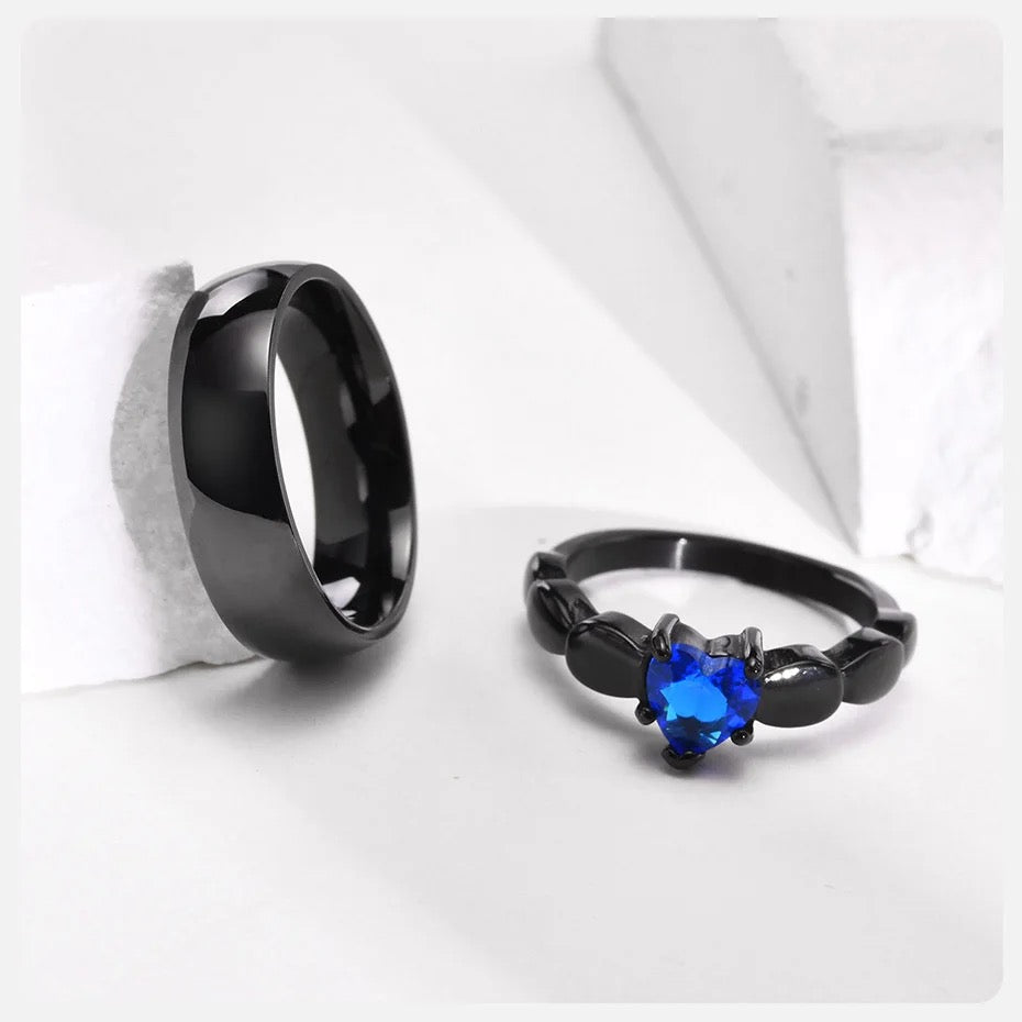 ANILLOS DE PAREJA PROMESA AZUL ROYAL ACERO NEGRO MATTE