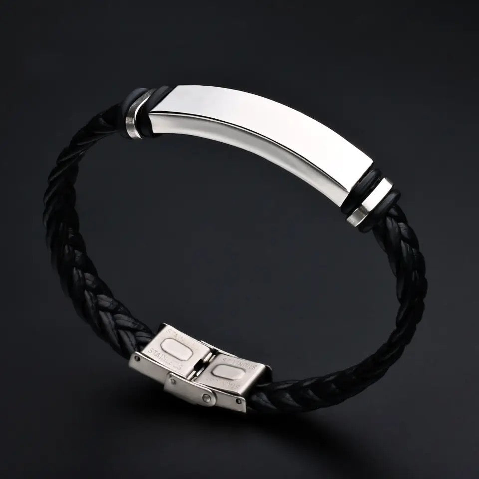 BRAZALETE LEATHER TRENZADO PLACA DE ACERO LAMINADO