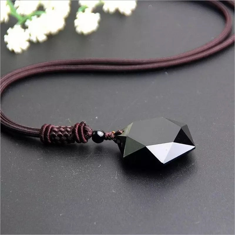 COLLAR PIEDRA OBSIDIANA NEGRA  HEXAGRAMA LEATHER