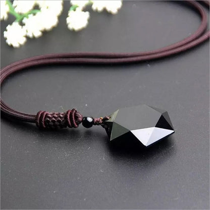 COLLAR PIEDRA OBSIDIANA NEGRA  HEXAGRAMA LEATHER