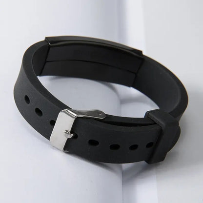 BRAZALETE SLICONA LISO PLACA DE ACERO LAMINADO NEGRO MATTE PERSONALIZADO