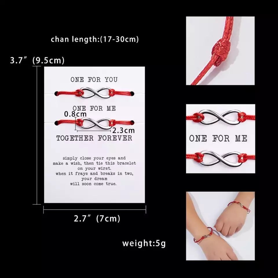 PULSERA HILO ROJO INFINITO Y CORAZÓN CON DEDICATORIA