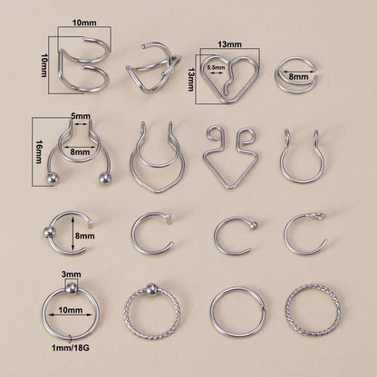 SET PIERCINGS FAKE A PRESIÓN ACERO INOXIDABLE 16 PIEZAS