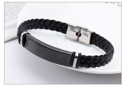 BRAZALETE LEATHER TRENZADO PLACA DE ACERO LAMINADO