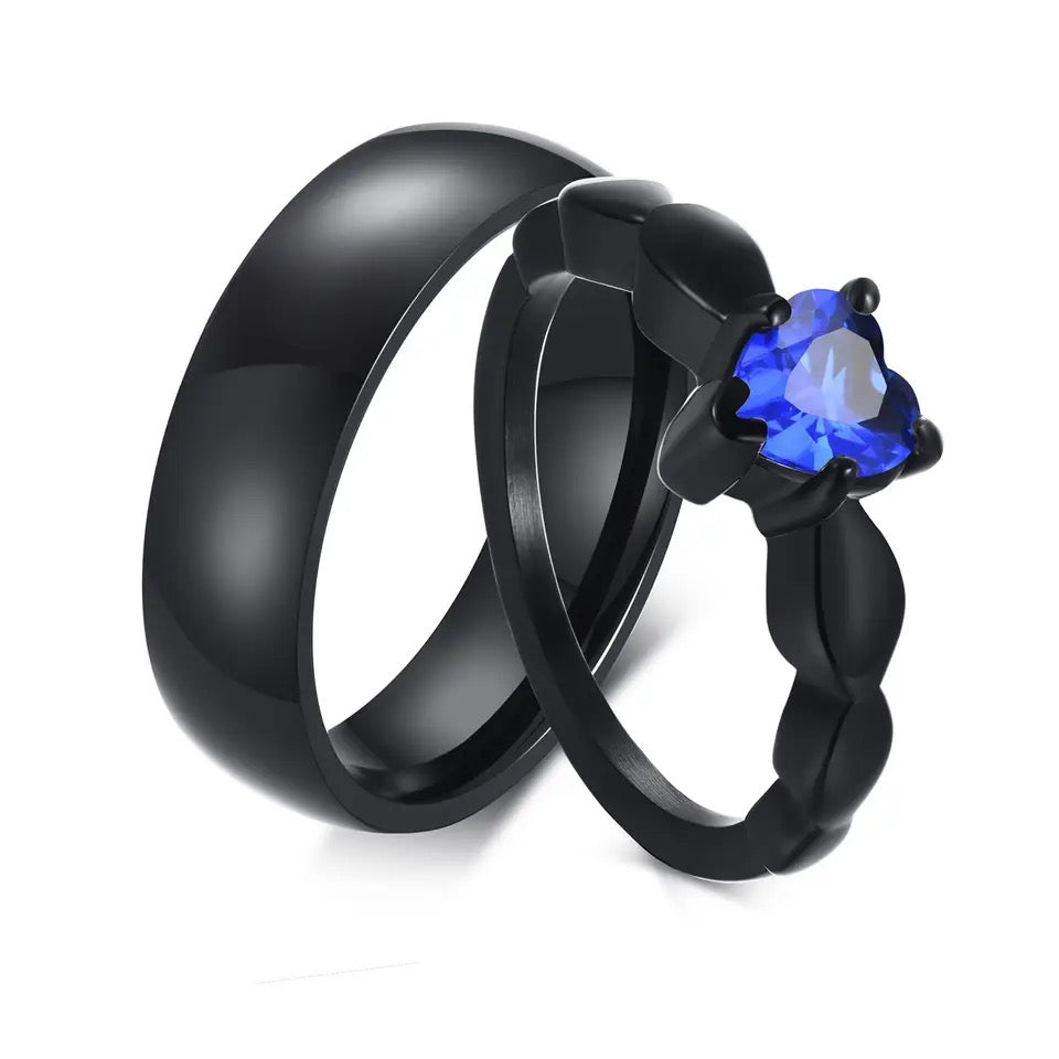 ANILLOS DE PAREJA PROMESA AZUL ROYAL ACERO NEGRO MATTE