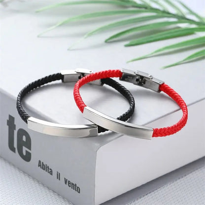 BRAZALETE FINO LEATHER TRENZADO PLACA MINIMALISTA DE ACERO LAMINADO PERSONALIZABLE