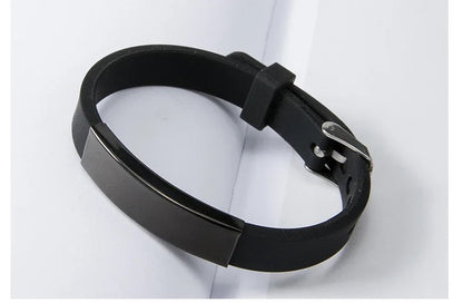 BRAZALETE SLICONA LISO PLACA DE ACERO LAMINADO NEGRO MATTE PERSONALIZADO